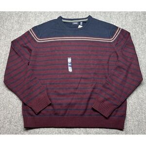Izod Pullover Sweater Mens 2XL Blue Maroon Striped Crew Fleece Long Sleeve New